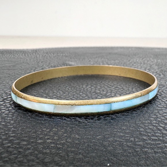 Jewelry - Vintage Brass Mother of Pearl Inlay Bangle Southwestern Boho Natural Shell